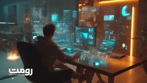 طراح برند در حال بازآفرینی لوگو و عناصر هویت بصری با کمک هولوگرام‌ها و ابزارهای هوش مصنوعی در استودیوی مدرن.