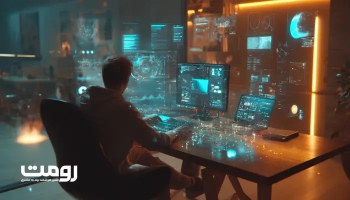 طراح برند در حال بازآفرینی لوگو و عناصر هویت بصری با کمک هولوگرام‌ها و ابزارهای هوش مصنوعی در استودیوی مدرن.